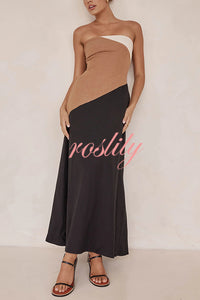 Calissa Asymmetrical Colour Block Strapless Pocketed A-line Maxi Dress