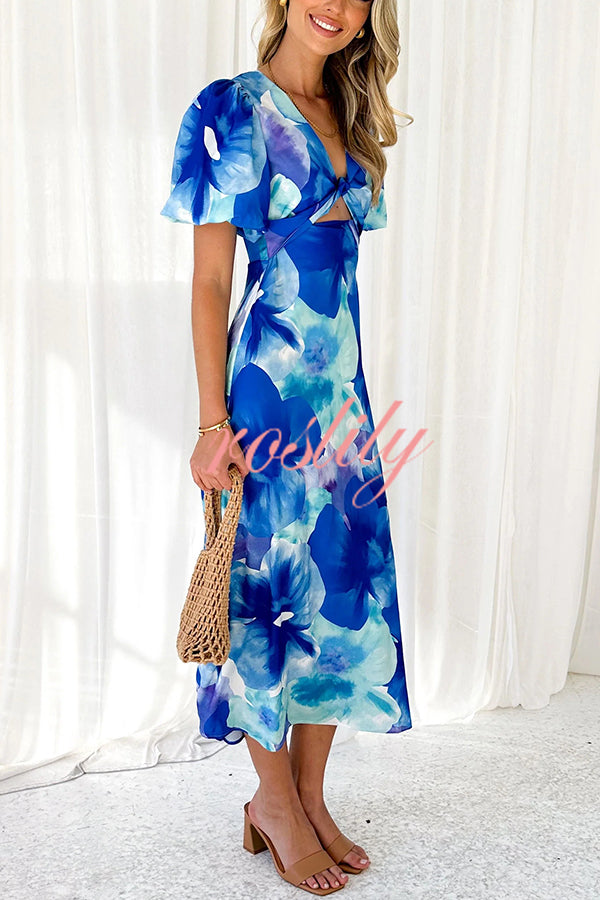 Sophia Floral Print Satin Puff Sleeve Twist Bust Cutout Midi Dress