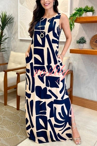 Unique Printed Sleeveless Slit Lace Up Waist Pocket Maxi Dress