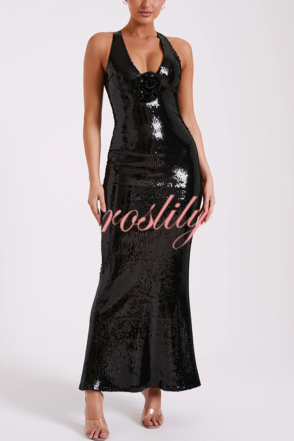 Sicilian Rose Sequin Three-dimensional Floral Sexy Backless Maxi Dress