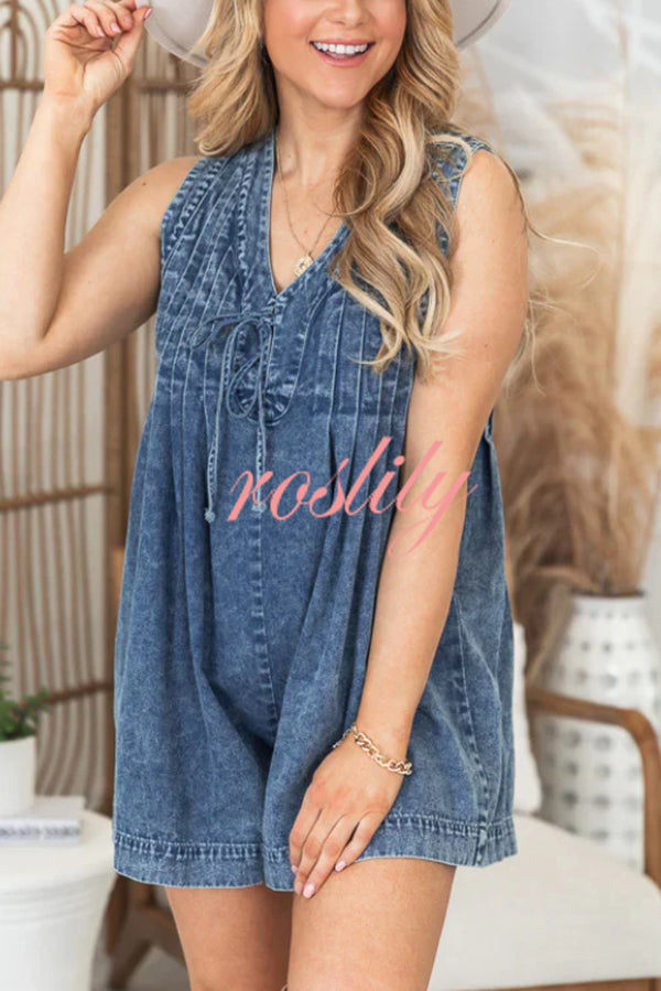 Downtown Daze Denim Pleated Tie-up Pocketed Loose Romper