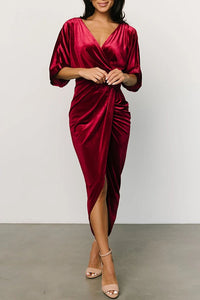 Brendy V Neck Half Sleeve Velvet Pleated Midi Dress