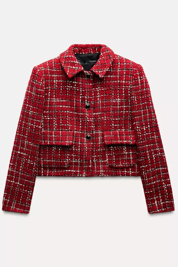 Tweed Plaid Textured Long-sleeved Casual Pocket Jacket