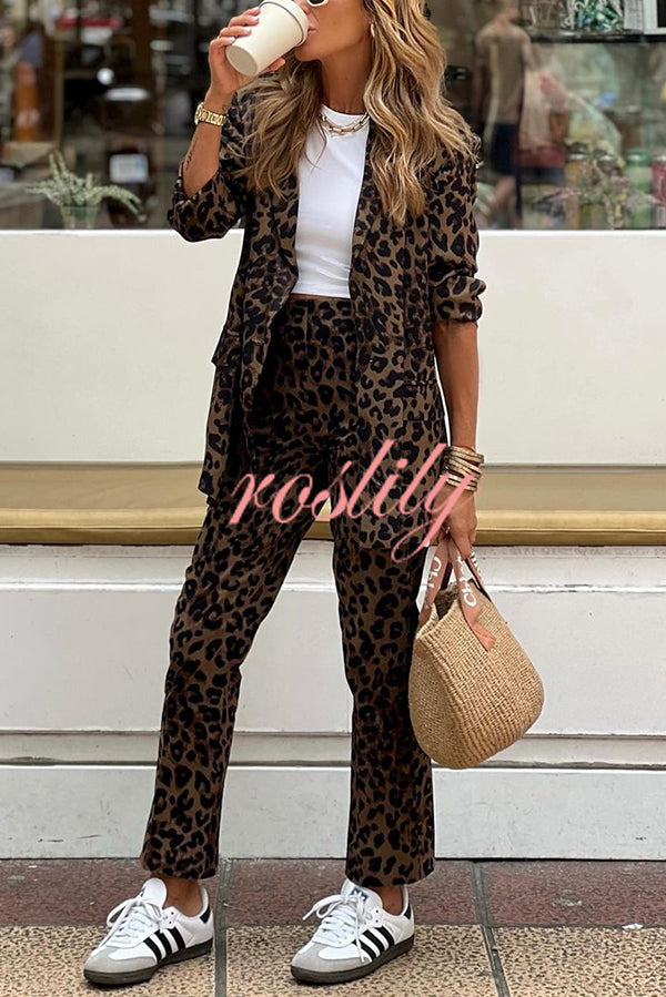 Wild Personality Leopard Pocket Relaxed Lapel Blazer and Elastic Waist Pants Set