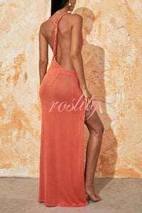 Solid Color Sexy Open Back High Slit Knitted Cover-up Maxi Dress