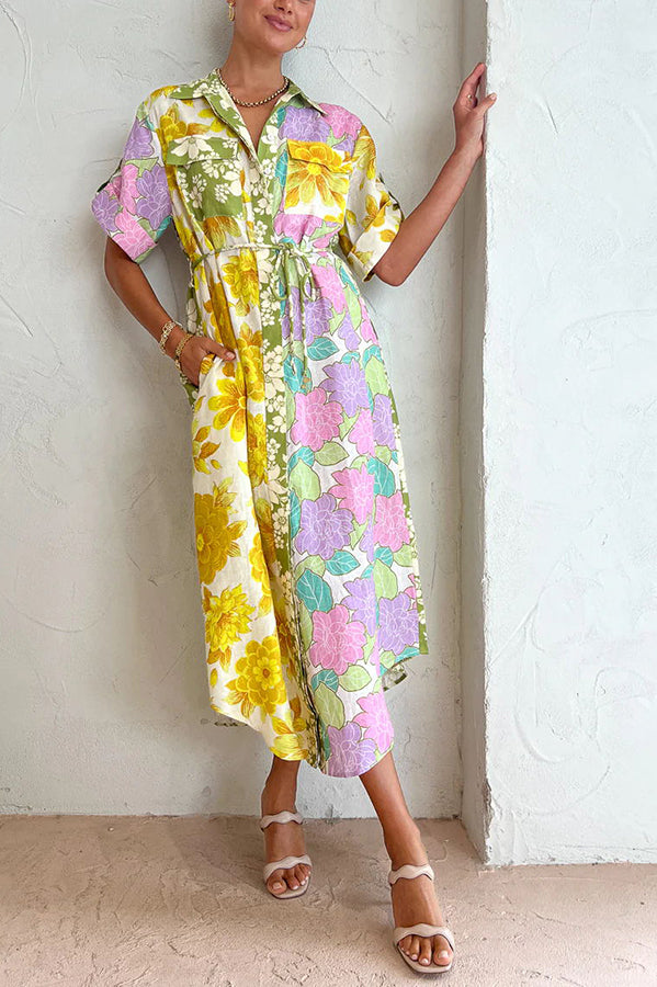 Travel Effortlessly Linen Blend Floral Patchwork Shirt Midi Dress