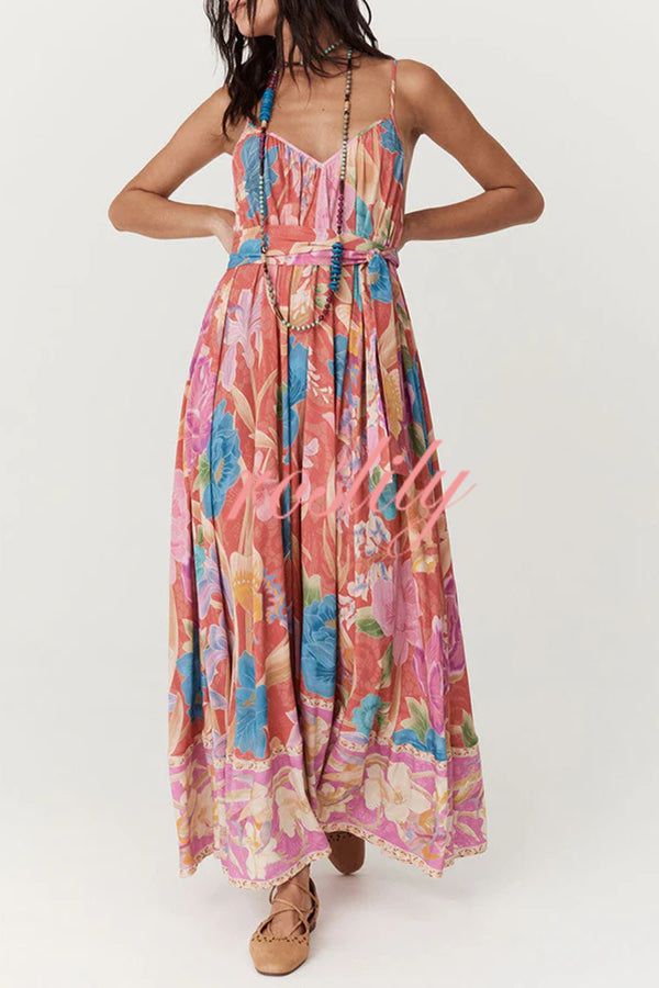 Painter's Garden Boho Floral Print Strappy A-line Maxi Dress