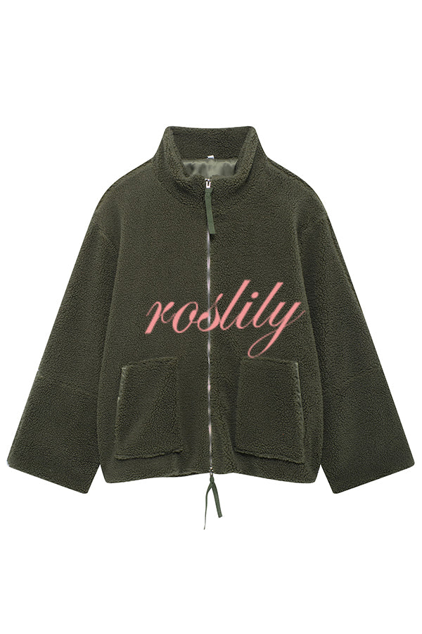 Solid Color Stitching High Collar Long Sleeve Loose Pocket Woolen Coat