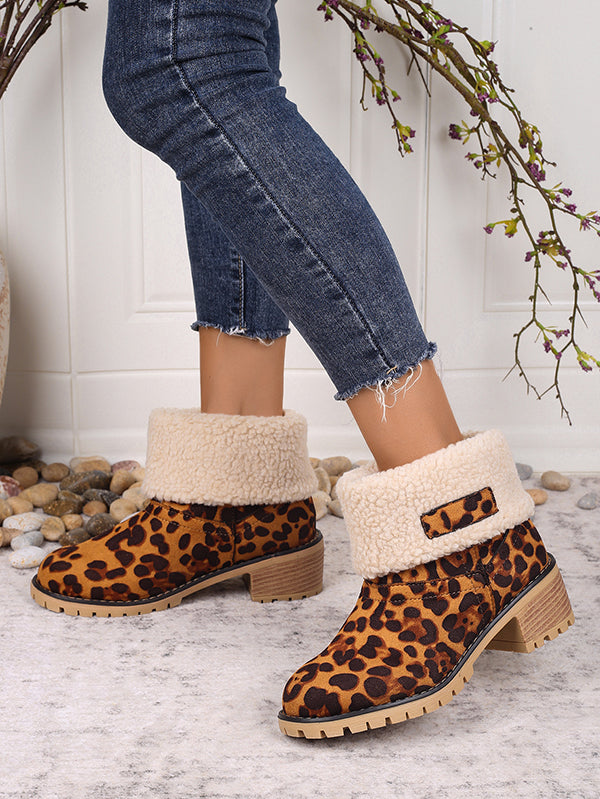 Leopard Print Thick Heel Warm Mid-calf Snow Shoes