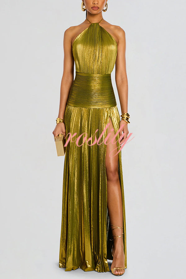 Metallic Halterneck Backless Pleated Waisted High-slit Maxi Dress
