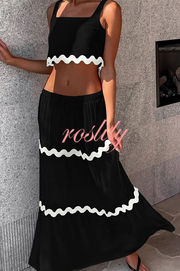 Napa Ric Rac Trims Sleeveless Crop Tank and Drawstring Elastic Waist Pocket Maxi Skirt