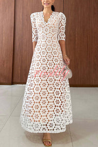 Best Day Ever Crochet Floral Lace Puff Sleeve Lined Maxi Dress