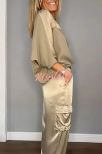 Calissa Smooth Satin Half-sleeved Top and Elastic Waist Pocket Pants Set