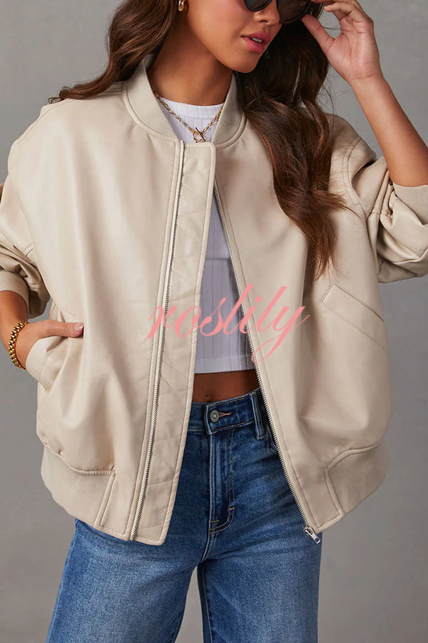 Solid Color Long Sleeve Loose Pocket Leather Jacket