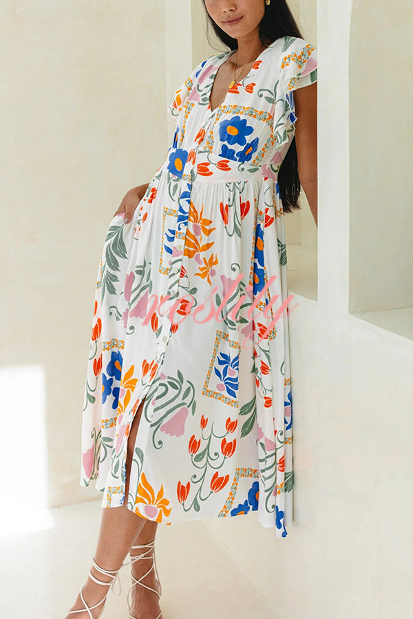 Boho Floral Print Buttoned V-neck Midi Dress