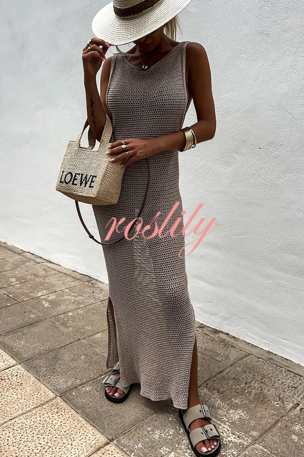 Solid Color Knitted Cutout Slit Slim Fit Maxi Dress