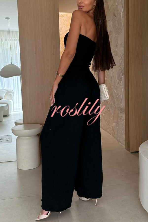 Linen Blend Solid Color Off-the-shoulder Pleated Casual Pocket Wide-leg Jumpsuit