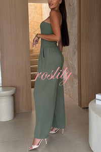 Linen Blend Solid Color Off-the-shoulder Pleated Casual Pocket Wide-leg Jumpsuit