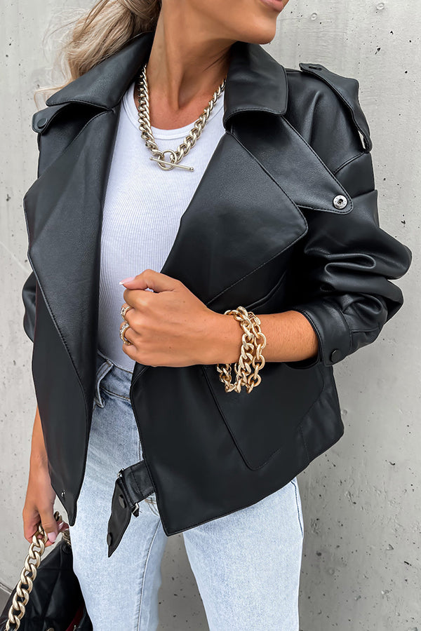 Stylish Leather Lapel Pocket British Style Cropped Jacket