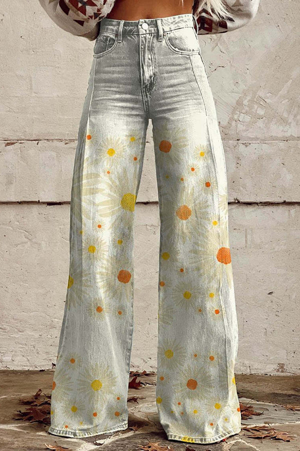 Casual Floral Print Button Pocket Wide Leg Pants