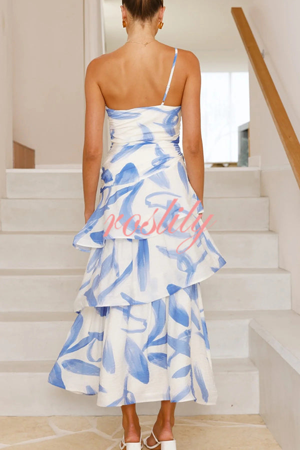 Romantic Season Flower Print One Shoulder Ruched Tiered Maxi Dress