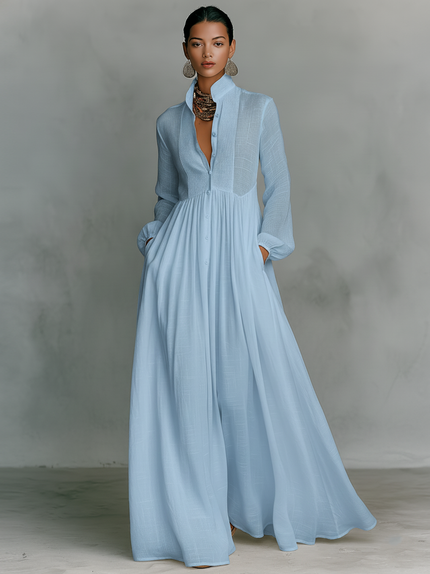 Minimalist Cotton And Linen Patchwork Single-breasted Stand-up Collar Long-sleeved Maxi Dress