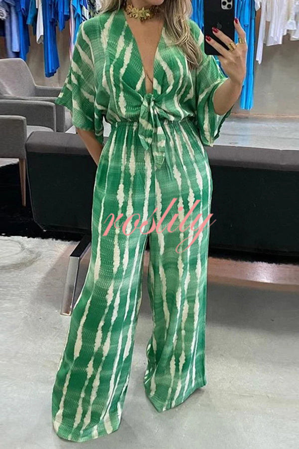 Striped Print V-Neck Lace-Up Casual Wide-Leg Jumpsuit
