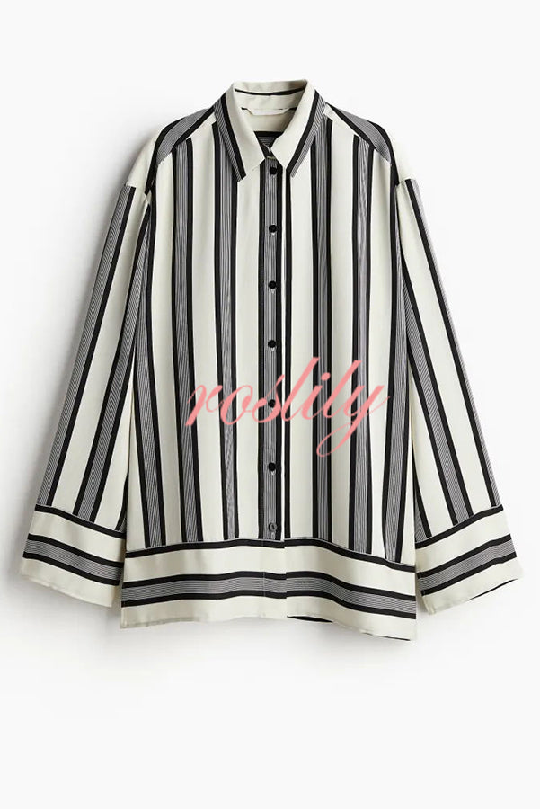 Lifetime of Happiness Striped Long Sleeve Loose Shirt and Elastic Waist Pocket Pants Set