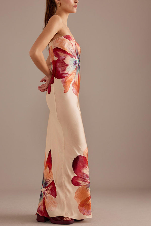 Charming Lady Satin Floral Print Bandeau Loose Maxi Dress