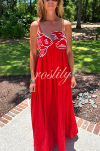 Red Fish Embroidered Sling Backless Maxi Dress