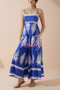 Unique Ethnic Print Suspender Pleated Top and Elastic Waist Loose Wide-leg Pants Set
