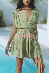 Glimpse of Happiness Linen Blend Draped Braids Belt Cover Up Mini Dress