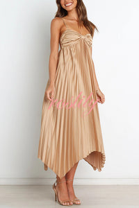 Solid Color Sexy Suspender Pleated Irregular Midi Dress