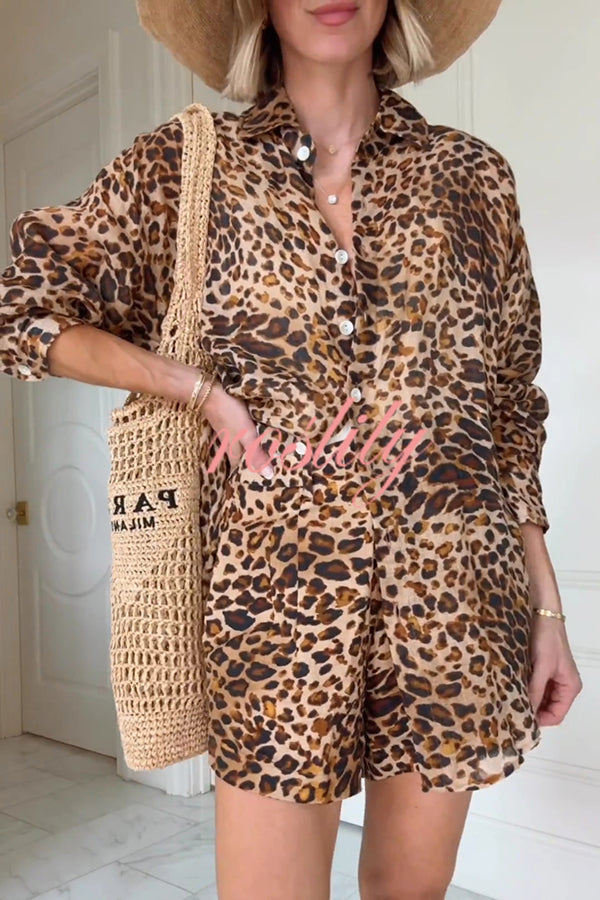 Trisha Linen Blend Leopard Print Long Sleeve Blouse and Elastic Waist Pocket Loose Shorts Set