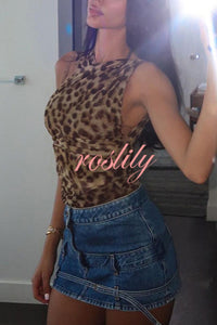 Absolute Trend Mesh Leopard Asymmetric Ruched Stretch Bodysuit