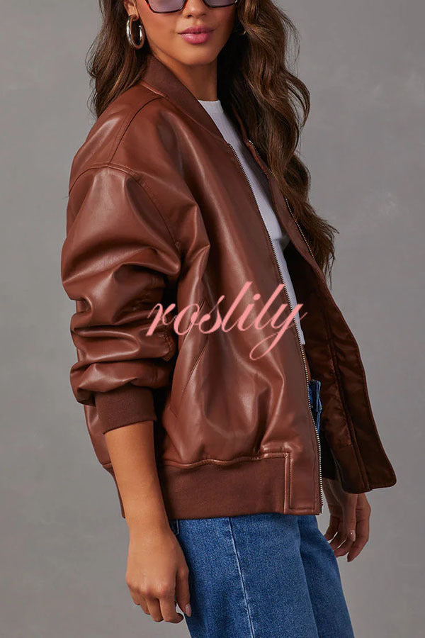 Solid Color Long Sleeve Loose Pocket Leather Jacket