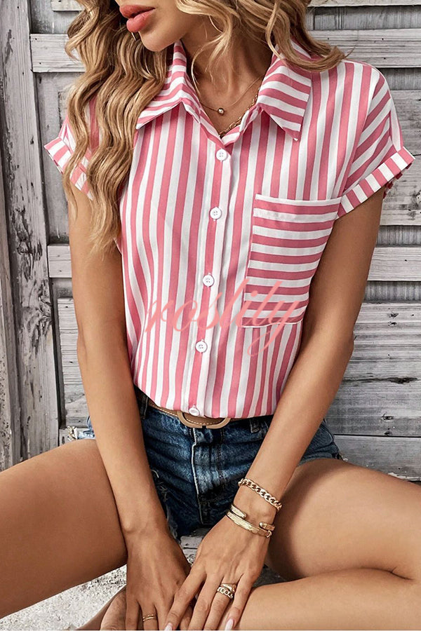 Striped Print Short Sleeve Pocket Shirt Top