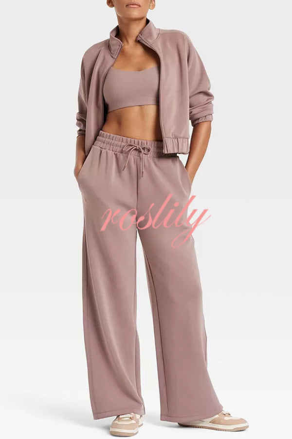 Airy Sleek Full Zip Jacket and High Rise Elastic Waist Pocket Wide Leg Sweatpants Set