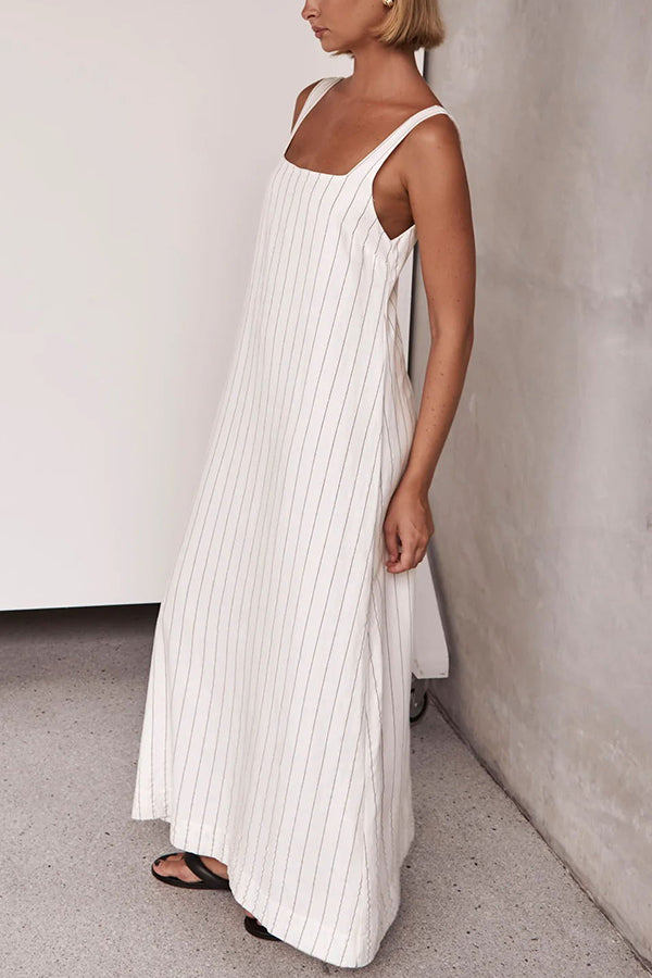 Simple and Stunning Linen Blend Pinstripe Detail Square Neck A-line Maxi Dress