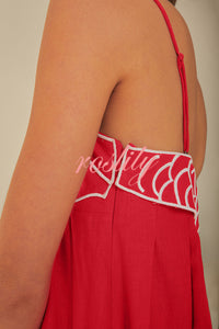 Red Fish Embroidered Sling Backless Maxi Dress