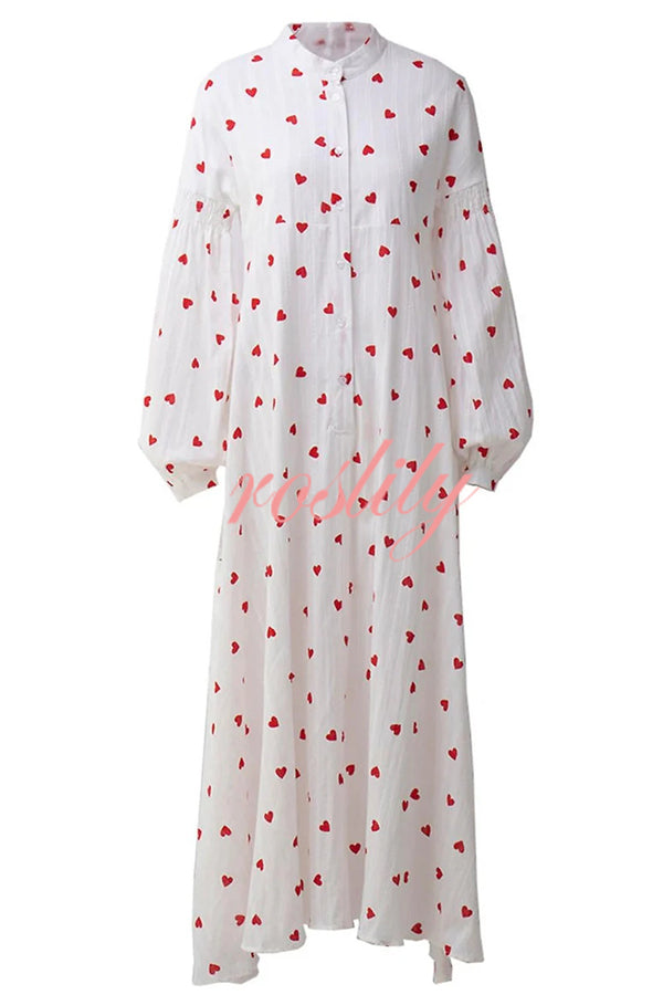 Cute Heart Print Puff Sleeve Loose Shirt Style Maxi Dress