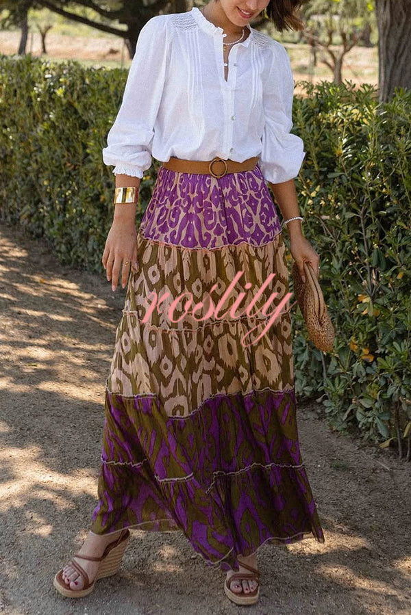 Resort Style Unique Print Elastic Waist Loose Stitching Maxi Skirt
