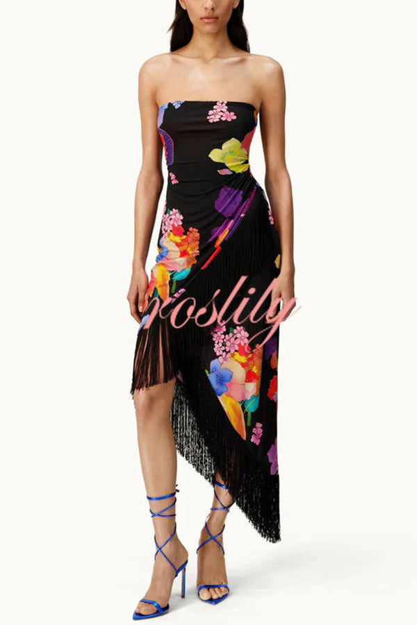 Island Girl Era Floral Print Tassel Trim Bandeau Stretch Midi Dress