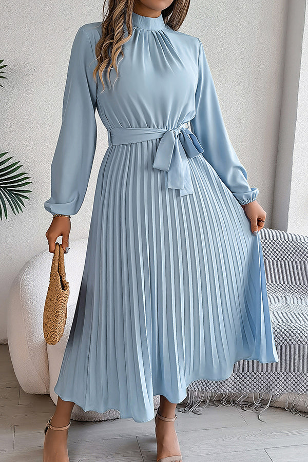 Elegant Stand-collar Long-sleeve Waisted Tie-up Pleated Midi Dress