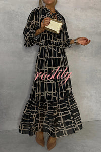 Unique Printed V-neck Tie-up Waist Long-sleeve Maxi Dress