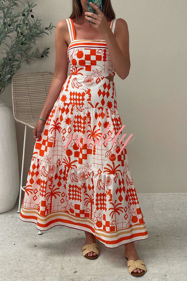 Unique Print Waist Cutout Back Gathered Suspender Maxi Dress