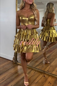 Like A Princess Metallic Fabric Off Shoulder Layered Rusffles Mini Dress