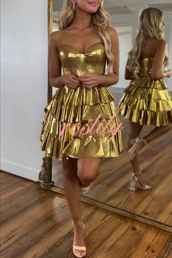 Like A Princess Metallic Fabric Off Shoulder Layered Rusffles Mini Dress