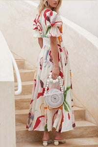 Lover's Gaze Watercolor Floral Printed Puff Sleeve Button Maxi Dress