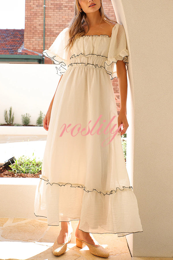 Fashion Square Neck Open Back Pleated Waist Maxi Dress